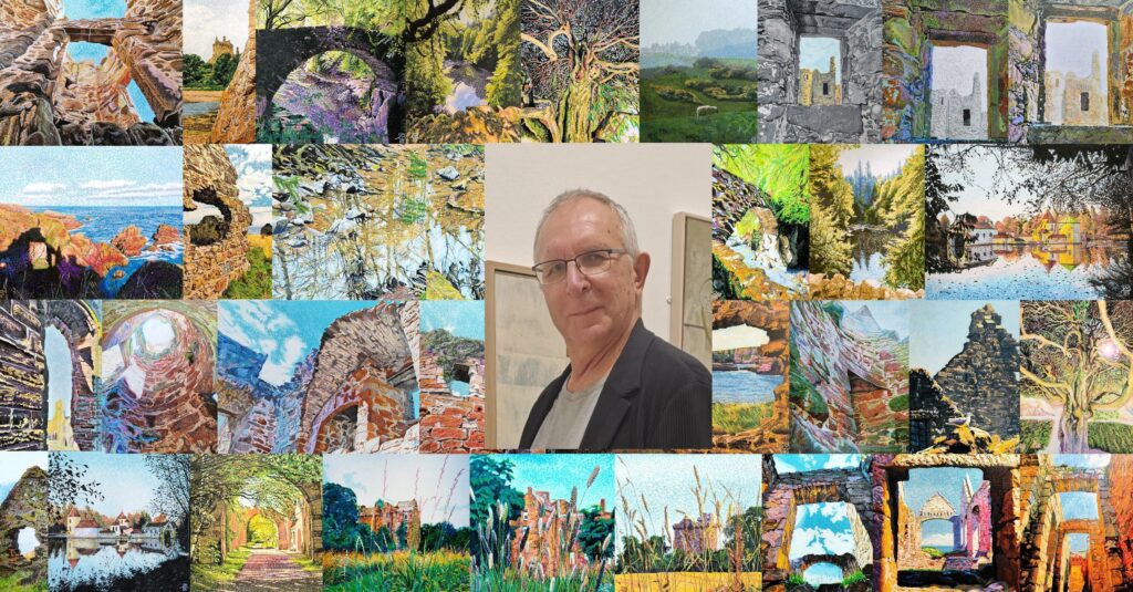 The image is a collage consisting of numerous small landscape paintings arranged in a grid. Most paintings depict natural scenes such as rocky formations, trees, waterways, and ruins of stone structures under various lighting conditions. In the center of the collage, there is a portrait of a mature man with glasses, wearing a black jacket over a gray shirt, standing indoors against a neutral background. The surrounding artwork features vivid colors, emphasizing textures and details of nature and old architecture.