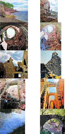 The image is a side-by-side comparison of two vertical columns, each containing six stacked images. Both columns show scenes of natural and architectural elements, with the left column displaying more realistic photographic styles and the right column exhibiting a stylized, artistic interpretation of the same scenes. 1. Top images: Both depict a shoreline with red rock cliffs and a view of the sea under a partly cloudy sky. The left image is a realistic photo, while the right image has an artistic, painterly effect with visible strokes and exaggerated colors. 2. Second row: Both show a circular stone arch with greenery visible through the opening. The left is a realistic stone archway, and the right image is transformed with bright colors and a stylized effect emphasizing the textures and outlines. 3. Third row: Both feature the ruins of old stone buildings with jagged rooftops against a blue sky. The left image is a clear photo of the ruins, while the right image uses bold colors and artistic interpretation to highlight the structure. 4. Fourth row: Both pictures show stone walls and an archway looking upwards. The left is a natural photo with muted colors, and the right image has vibrant shades and highlighted stone textures. 5. Fifth row: Both depict water scenes; the left image shows a calm water body with reflections of trees and sky, and the right image transforms this into a bright, colorful rendition with an impressionistic style. 6. Bottom images: Both pictures show a natural scene with rocks and foliage. The left is a clear, realistic photo, and the right is an artistic version with bright colors and stylized brushstrokes. In summary, the left column contains realistic photographic images of natural scenery and ancient ruins, while the right column contains artistic, stylized versions of these same images with exaggerated colors and painterly effects.