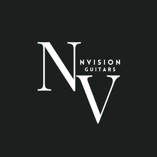 A simple and elegant logo  in contrasting black and white consists of a large white capital letter "N" next to a large white capital letter "V." Inside and aligned with the "V" is the smaller text "NVISION" on the top line and "GUITARS" below it. The overall design is minimalist, using a serif font for the large letters and a clean, professional, design.
