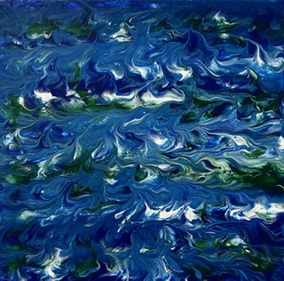 Title:”rapid flow”The image shows an abstract painting with a predominantly blue color palette. The artwork features thick, textured brushstrokes in various shades of blue, ranging from deep navy to lighter azure tones. White highlights are scattered throughout, creating a sense of movement and light. The painting has an impressionistic quality, with the brushwork creating a dynamic, possibly water-like or sky-like appearance. The strokes are applied in a loose, expressive manner, giving the piece an energetic and fluid feel. 