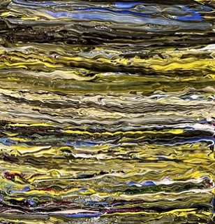Title: “remembrance” The image shows an abstract artwork with horizontal bands of color and texture. The composition consists of wavy, flowing horizontal lines that create a layered effect throughout the piece. The color palette includes yellows, golds, greens, blues, whites, and dark browns or blacks. The brushstrokes or marks appear fluid and organic, creating a sense of movement across the canvas from left to right. The layers overlap and blend into each other, giving the piece a dynamic, almost liquid quality. The overall effect is reminiscent of stratified geological formations, water reflections, or an abstract landscape. 